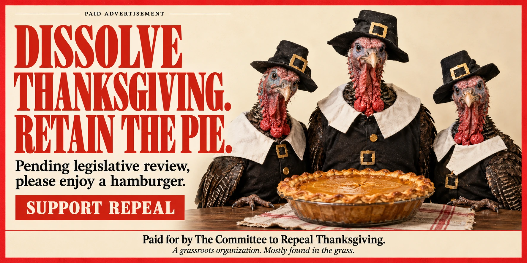 Satirical advertisement showing three turkeys in badly fitting colonial hats with a pumpkin pie. Headline: Dissolve Thanksgiving. Retain the pie. Pending legislative review, please enjoy a hamburger. Paid for by the Committee to Repeal Thanksgiving — a grassroots organization, mostly found in the grass.